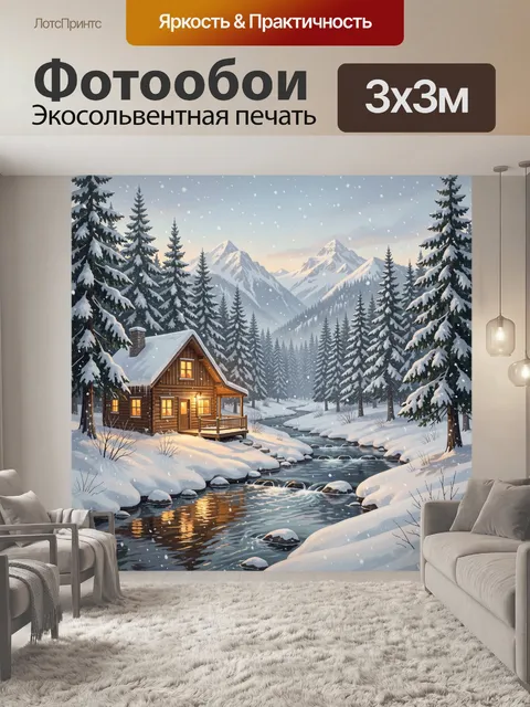 Фотообои Зимний домик у горной реки