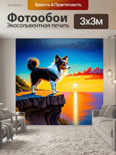 Фотообои папильон стоит на краю обрыва, глядя на залив в свете заката