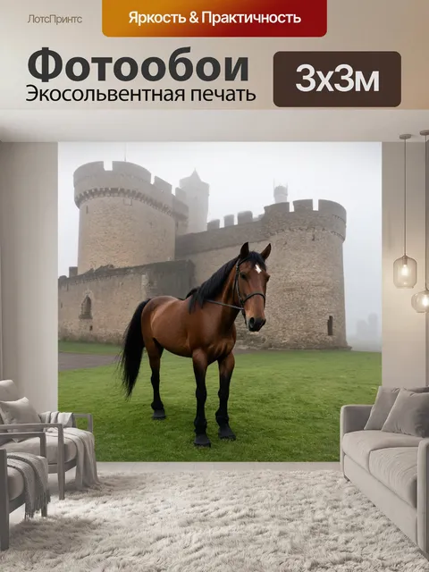 Фотообои лошадь на фоне старинного замка, окруженная туманом