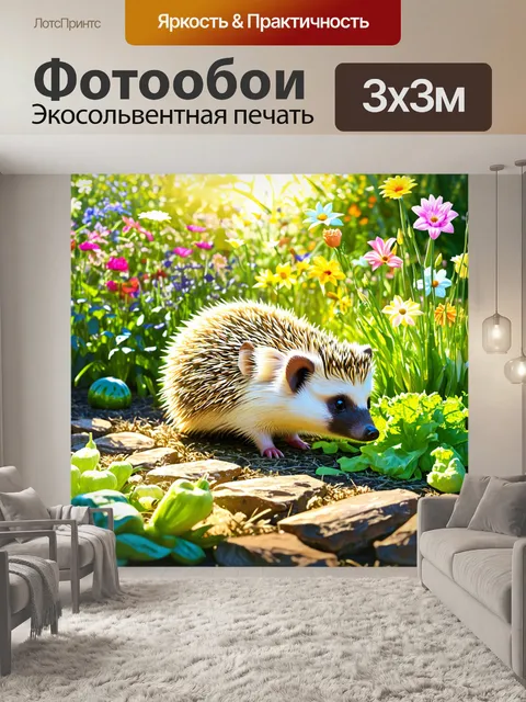 Фотообои солнечный день в саду, где ёжик исследует грядки с цветами и овощами