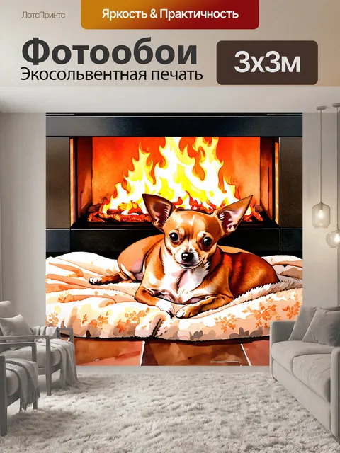 Фотообои чихуахуа, свернувшийся калачиком на мягком пледе у камина