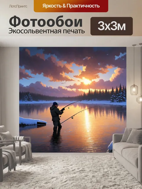 Фотообои рыбалка на заснеженном озере с закатными облаками, отражающимися в воде, а вдалеке виден ночной небосвод