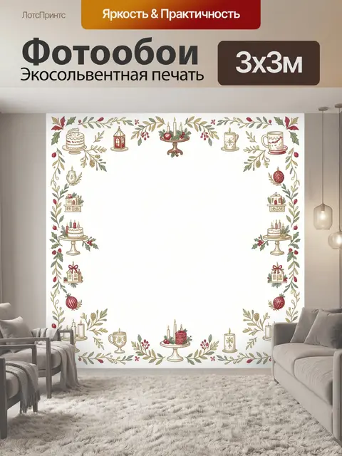 Фотообои Новогодний венок с тортами и шарами