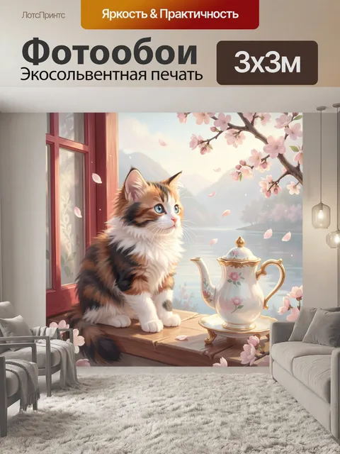 Фотообои Пушистый трехцветный котёнок с голубыми глазами сидит на деревянном подоконнике и смотрит вправо