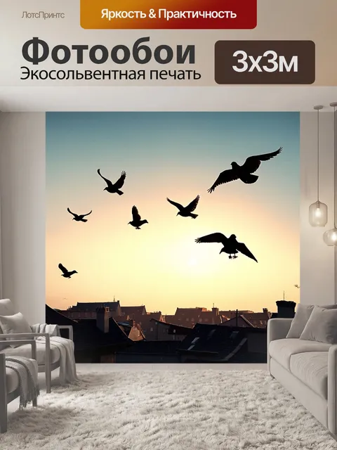 Фотообои описание: летящие в небе голуби, над крышами старого города, с теплыми тонами заката на заднем плане