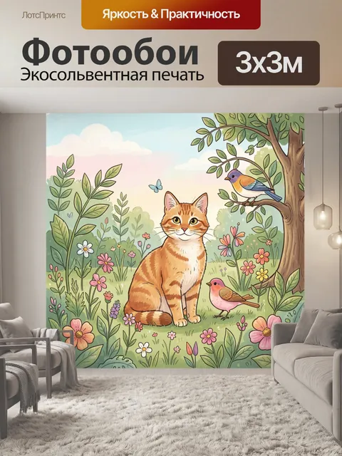 Фотообои Рыжий кот и птицы в саду