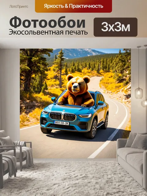 Фотообои медведь, управляющий машиной на дороге приключений