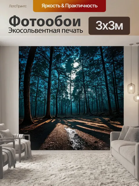 Фотообои лес, залитый лунным светом, с тенями и осадками