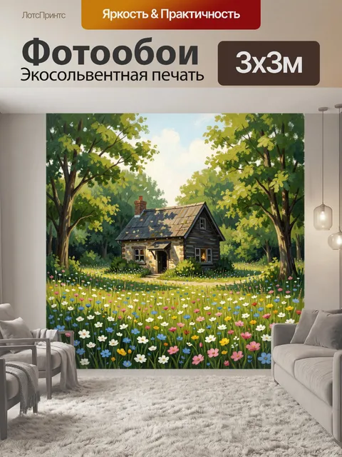 Фотообои Лесной домик среди полевых цветов