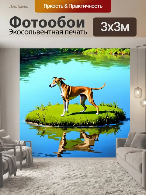 Фотообои борзая, играющая на зеленом островке среди озера, где её движения радостно пробуждают жизнь в природе и воде