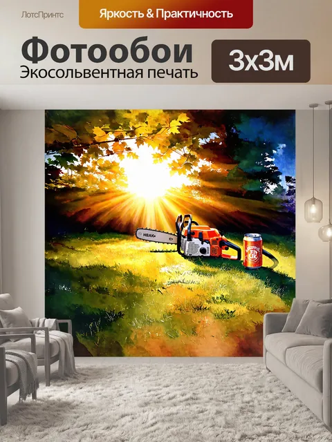 Фотообои цепная пила, обрамленная золотыми лучами заката, лежит на обширной поляне, окружённой высокими деревьями с…