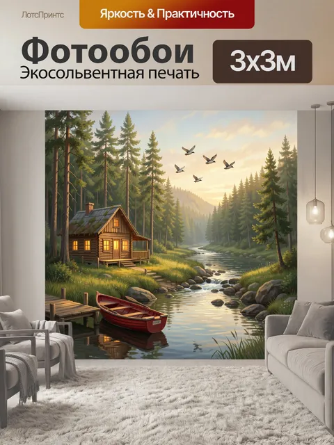 Фотообои Лесная хижина у реки