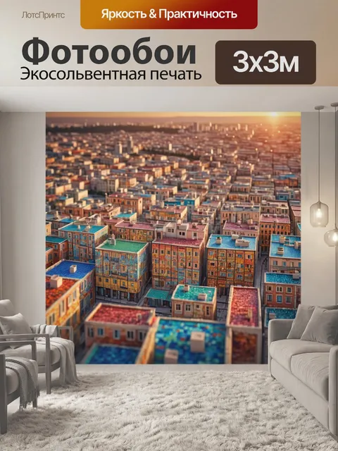 Фотообои город в стиле мозаика, где каждое здание состоит из маленьких разноцветных плиток, в атмосфере заката