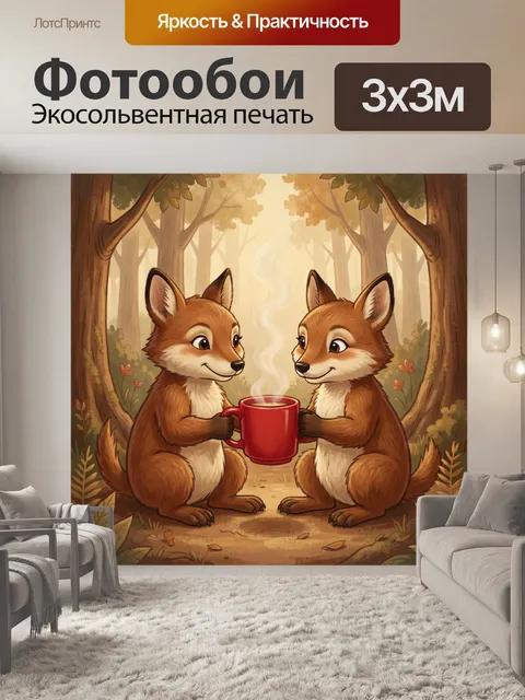 Фотообои Лисички с красной кружкой в лесу