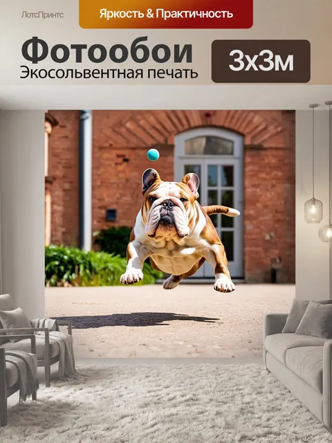Фотообои бульдог, выполняющий трюк с игрушкой на фоне старинного кирпичного здания, в стиле таймлапс фотографии