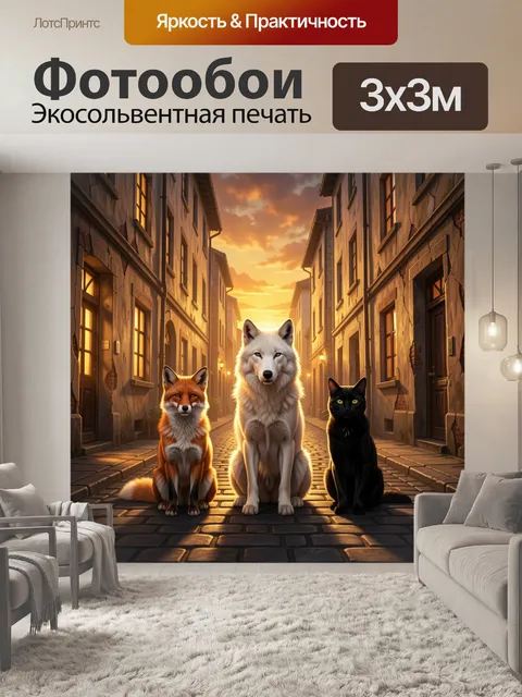 Фотообои Лиса, волк и черный кот