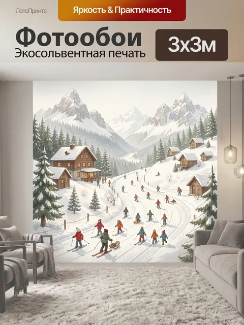 Фотообои Зимний горный курорт с лыжниками