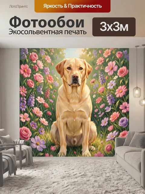 Фотообои Золотистый щенок среди цветов