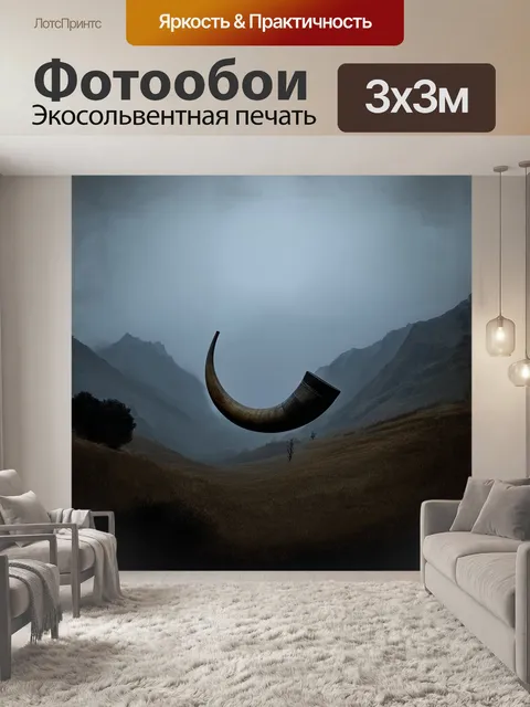 Фотообои валторна на фоне величественных гор в тумане, её форма резко контрастирует с текстурным ландшафтом