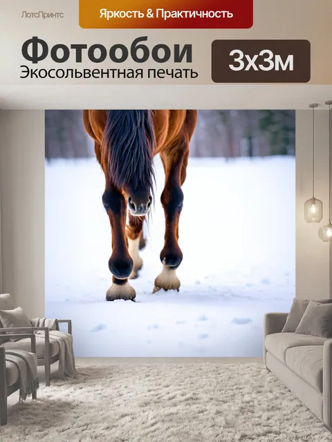 Фотообои лошадь, шагающая по чистому белому снегу с блестящими копытами