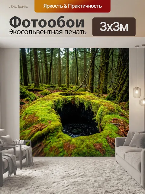 Фотообои лес с колодцами, заросшими мхом и окруженными деревьями