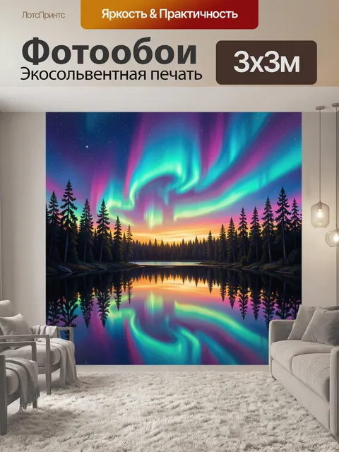 Фотообои Северное сияние над лесным озером