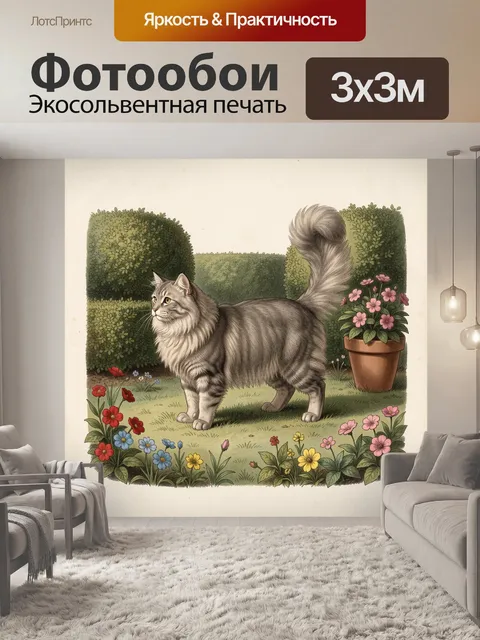 Фотообои Пушистый серый кот в саду