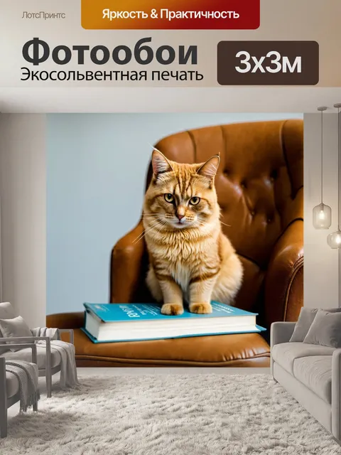 Фотообои кошка, сидящая на стуле с книгой рядом