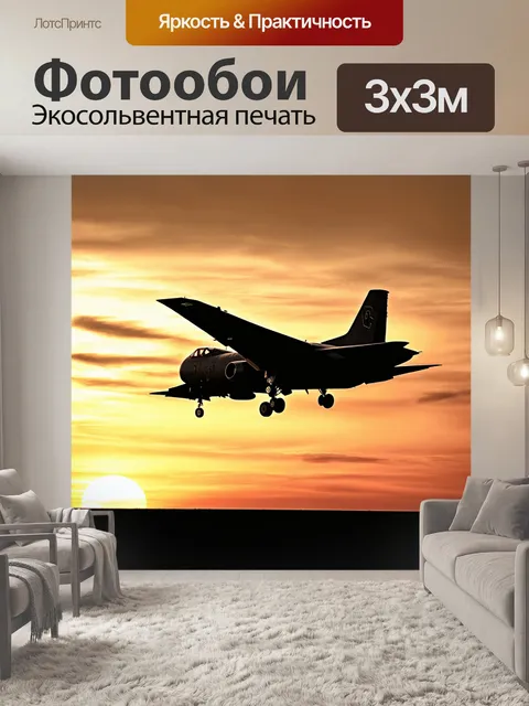 Фотообои приземляющийся военный самолет на фоне заката
