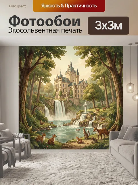 Фотообои Лесной водопад у замка