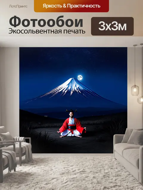 Фотообои удаленная гора ночью, где самурай в традиционном кимоно выполняет медитативное ката под полнолунием