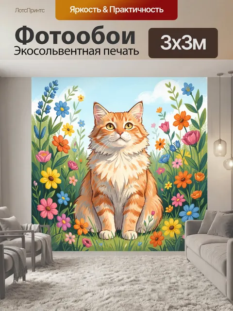 Фотообои Рыжий кот среди полевых цветов