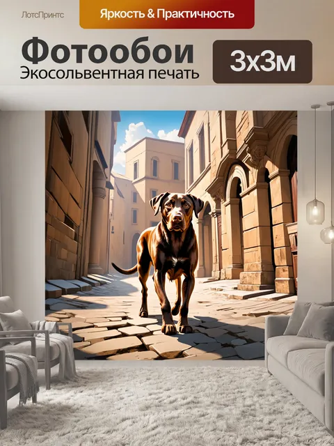 Фотообои лабрадор, уверенно шагающий по улицам старинного города, окруженный исторической архитектурой