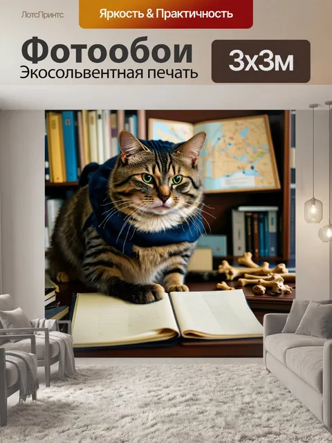 Фотообои кот-природовед, работающий над исследованиями и записями в своем уютном офисе, окружённом картами и костями