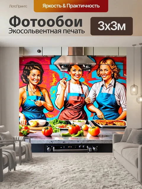 Фотообои в стиле граффити с изображениями людей, готовящих еду и развлечений на кухне