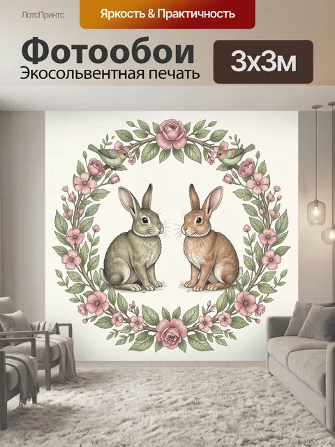 Фотообои Кролики в цветочном венке