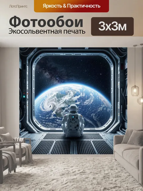 Фотообои Космонавт в белом скафандре сидит на пороге открытого люка космического корабля и смотрит на Землю сверху