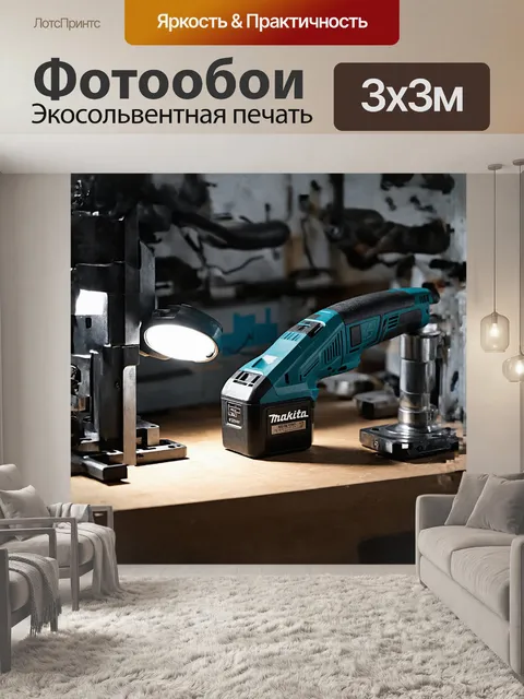 Фотообои в центре изображения изображен мощный аккумуляторный гайковерт makita, размещенный на рабочем столе