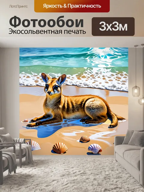 Фотообои сурикат, лежащий на песчаном берегу с ракушками и морской водой в фоне