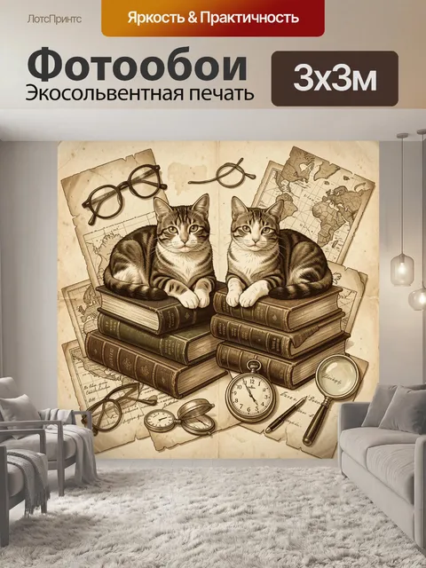Фотообои Коты-учёные среди старинных книг