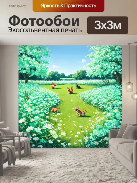 Фотообои мятный цвет с волшебным садом, где цветы всех оттенков мяты распускаются на фоне светло-голубого неба