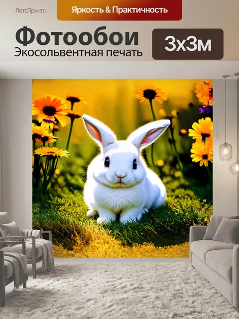 Фотообои мягкий пушистый кролик, сидящий на нежной зеленой траве, его большие, выражающие глаза сверкают на солнце