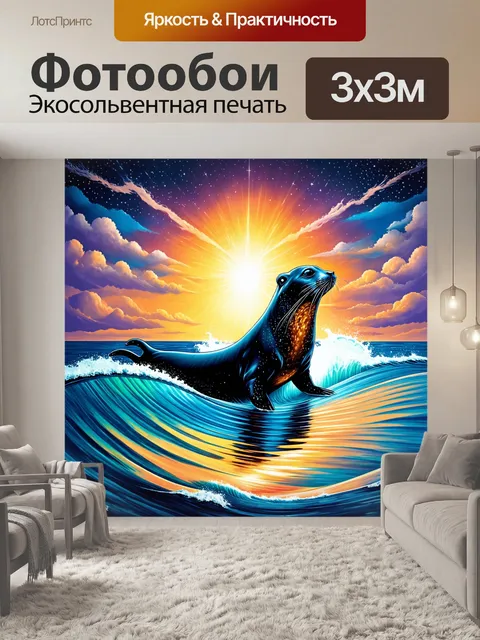Фотообои тюлень, плавно перетекающий в волны, с ярким небом и яркими звёздами