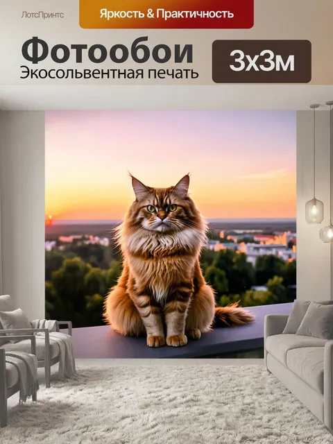 Фотообои мейн кун, сидящий на балконе с видом на город, его шерсть развевается на ветру