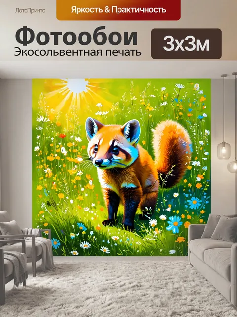 Фотообои куница, исследующая цветущий луг, где множество диких цветов и трав