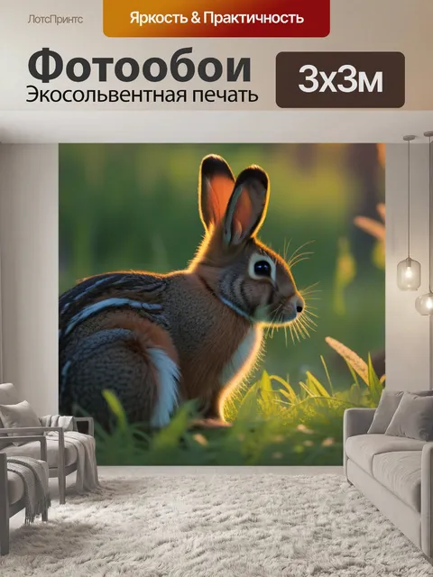 Фотообои заяц, сидящий на траве под закатом в лесу