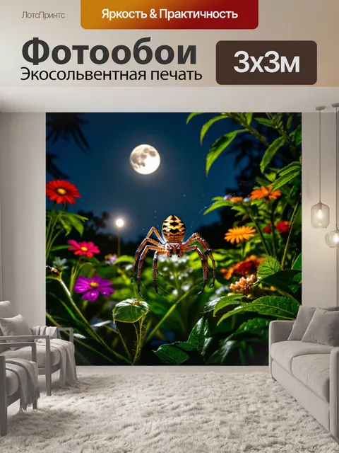 Фотообои пауки в ночном саду, освещенные лунным светом, создающие таинственную атмосферу, с яркими цветами и густыми…