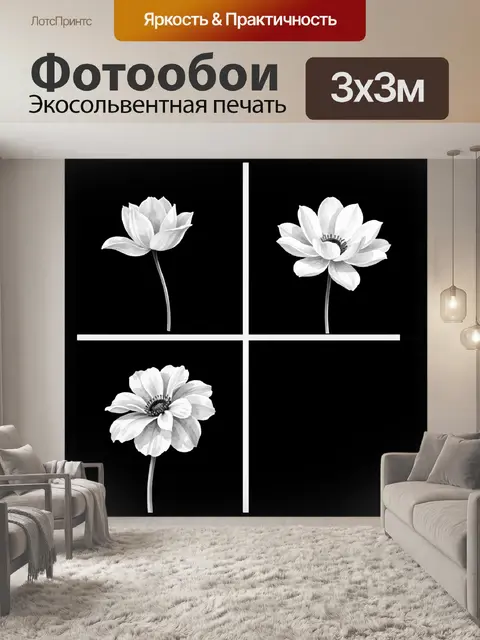 Фотообои Белые цветы на черном фоне