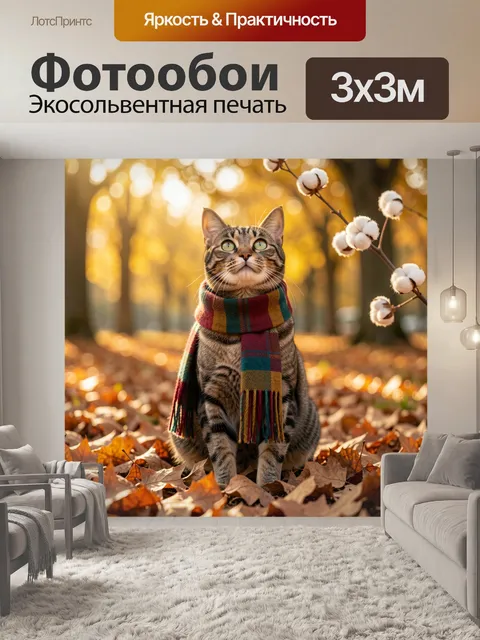 Фотообои Кот в шарфе осенью