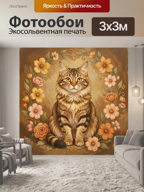 Фотообои Рыжий кот среди цветов